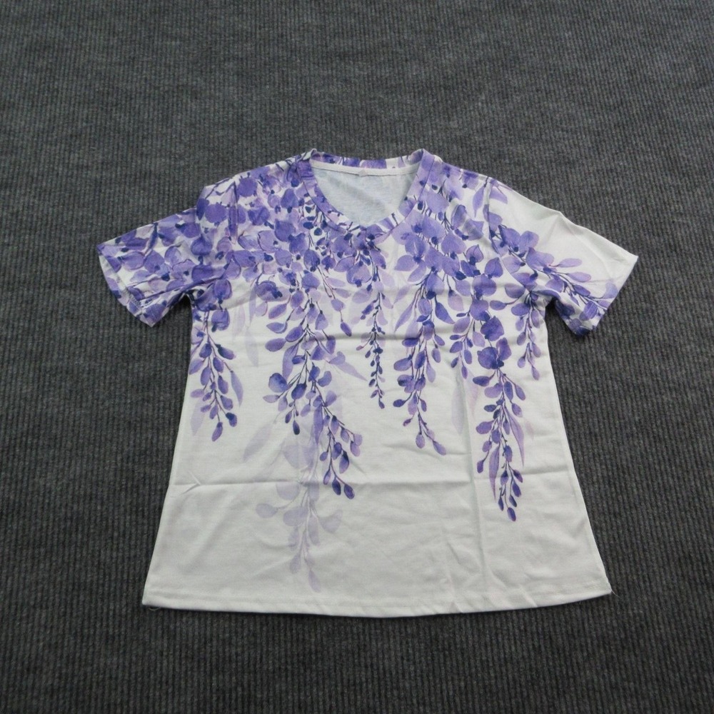 Floral Shirt Womens S Purple Tunic Short Sleeve Round Neck Polyester Jersey NWOT